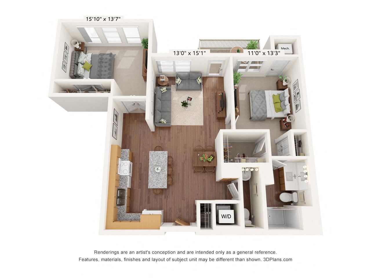 Floor plan for 2 beds, 2 baths, 996 sqft